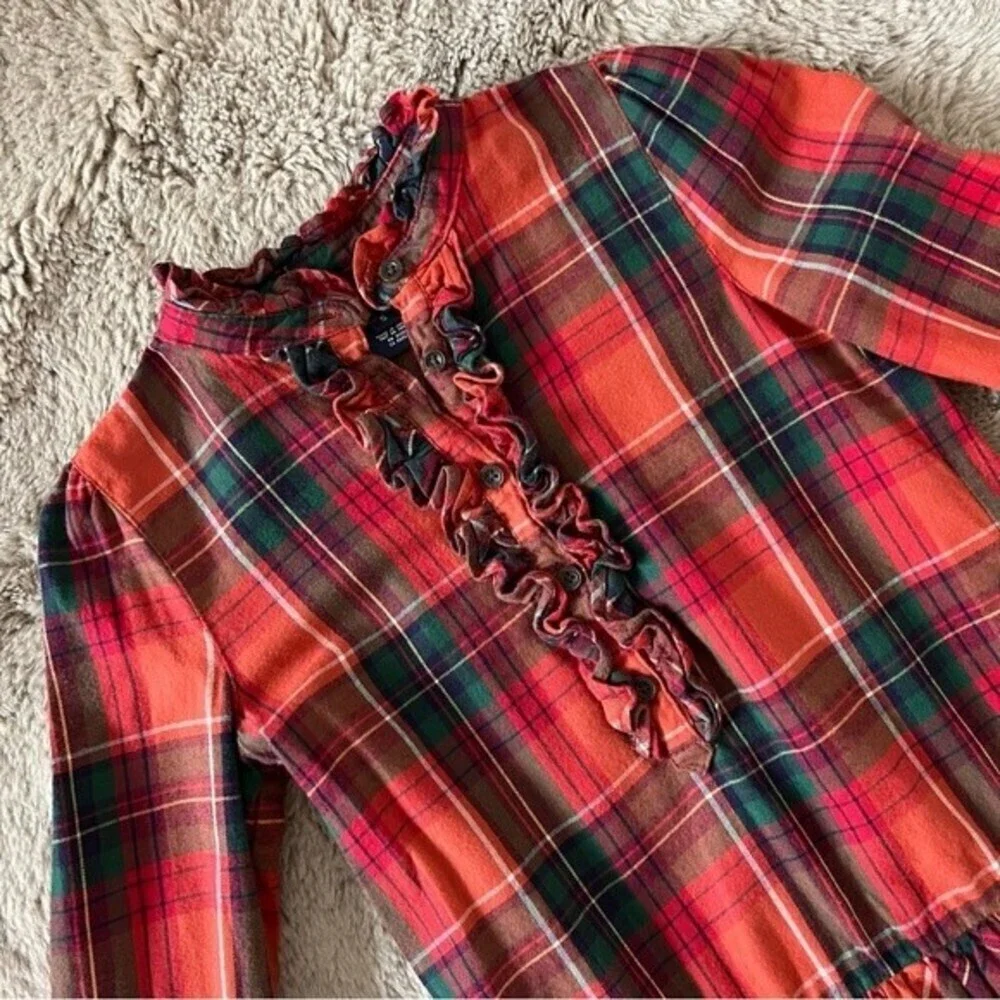 Ralph Lauren Girl’s Red Black Plaid Holiday Cotton Flannel Ruffle Dress SZ 5